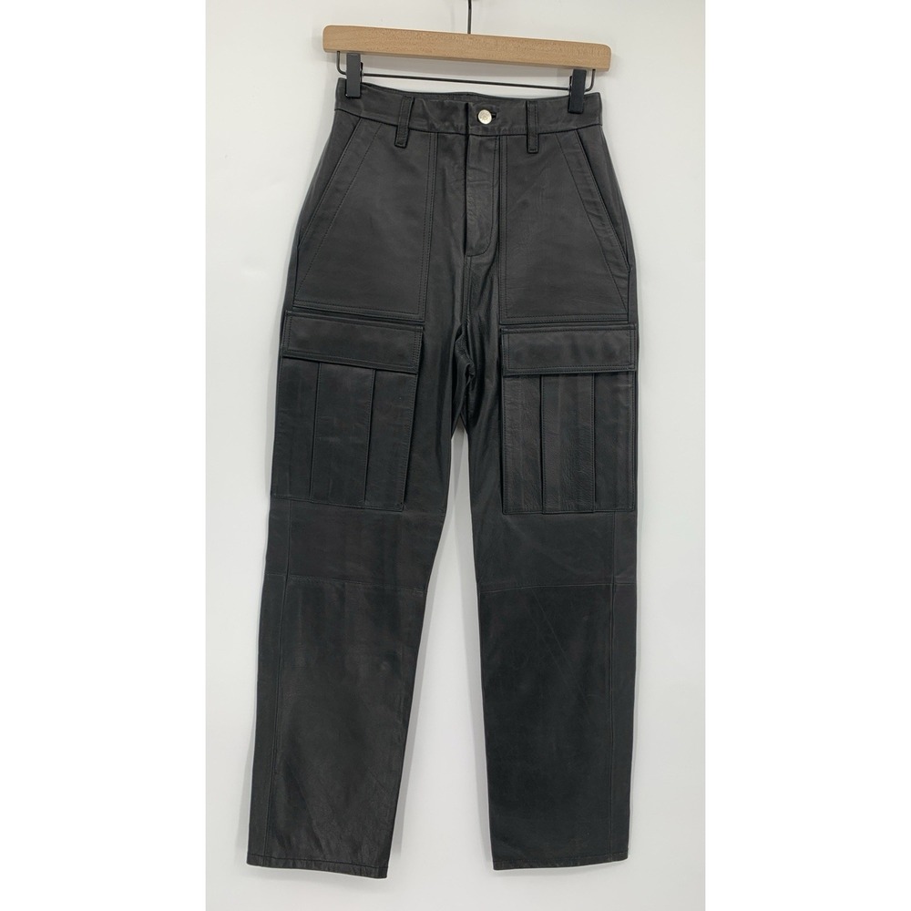 Grlfrnd Leather Pants Womens 24 Black Straight Cargo Classic Zip (24x28)